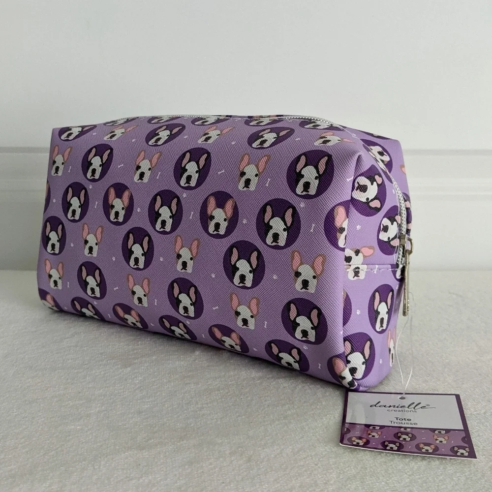 Boston Terrier Frenchie Cosmetic Bag Case Saffiano Vinyl Purple Lined NWT